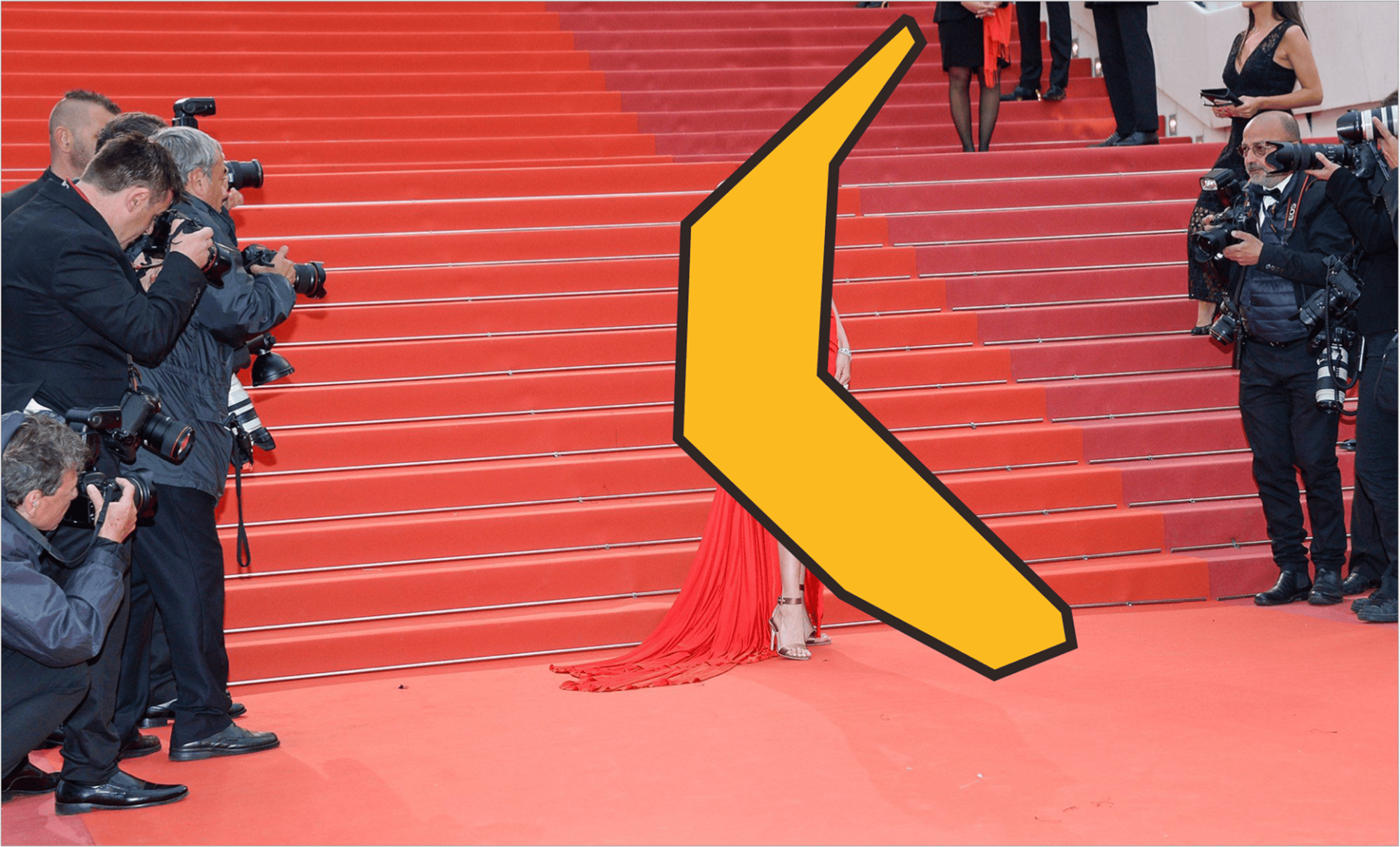 Equifruit Fairtrade banana on red carpet event with photographers and attendees in red dress